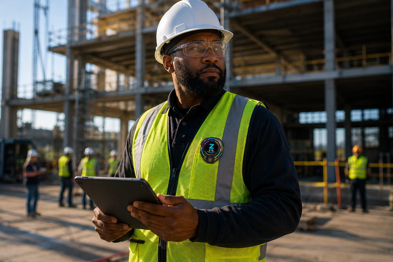 ZARIYA on a construction site supervisor with tablet (Design Concept — Pre-Production)