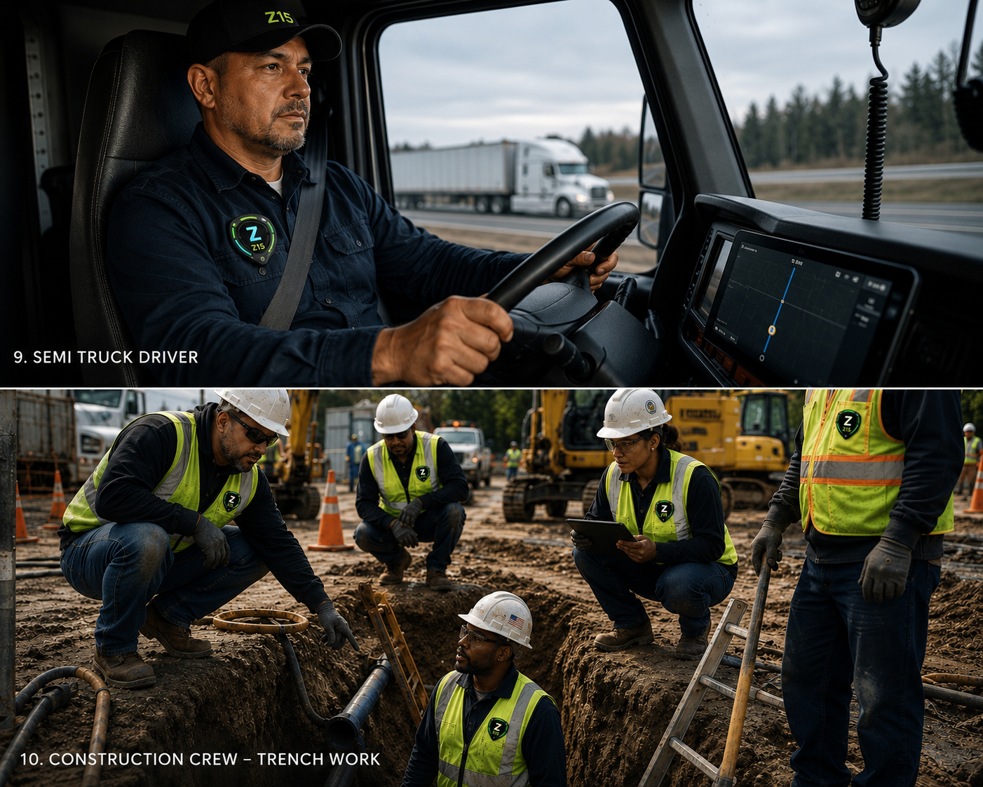 ZARIYA on long-haul trucking and infrastructure trench crews (Design Concept — Pre-Production)