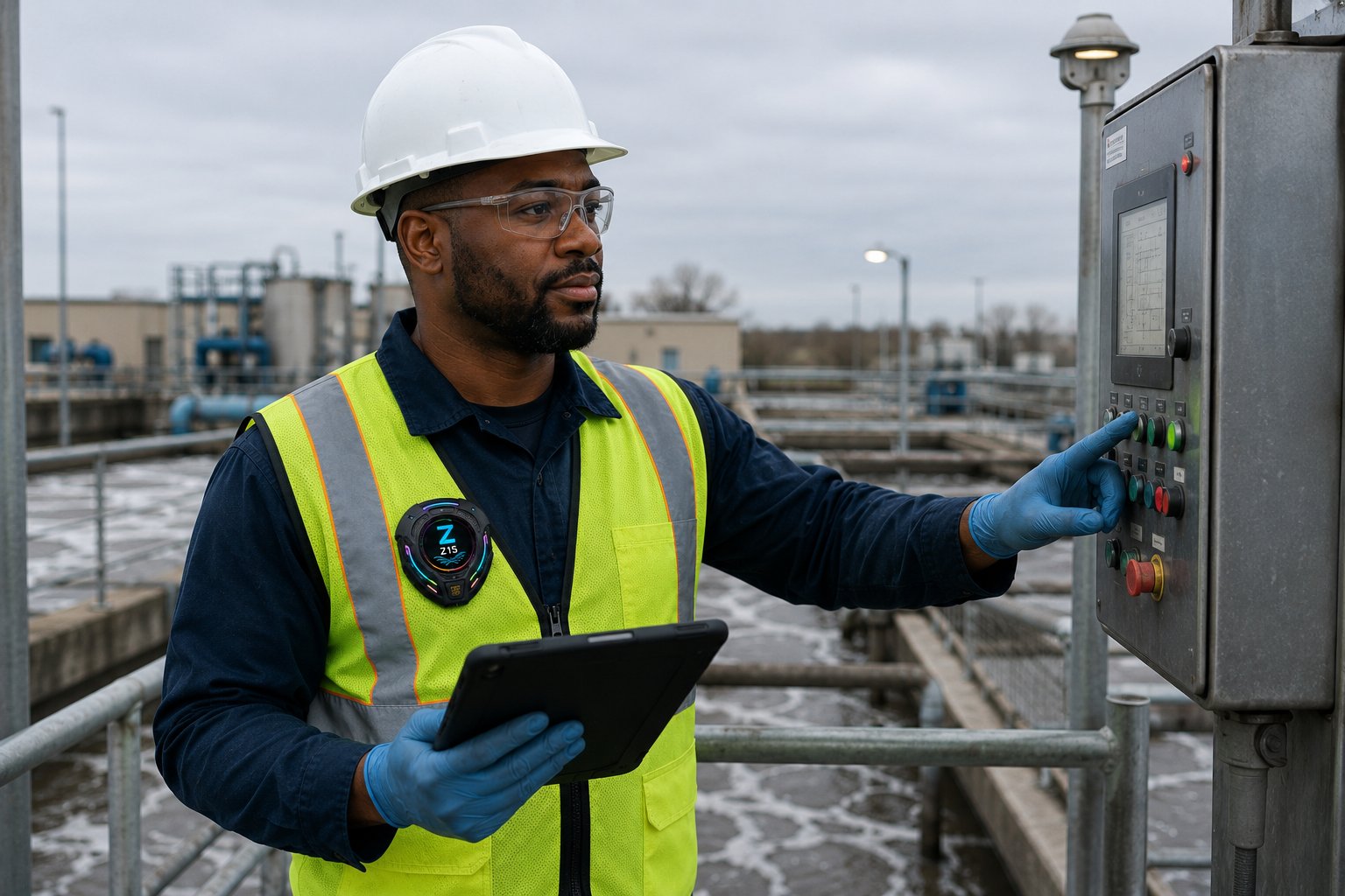 Wastewater operator at SCADA control panel with tablet — ZARIYA Z15 badge integrates with operational workflows (Design Concept — Pre-Production)