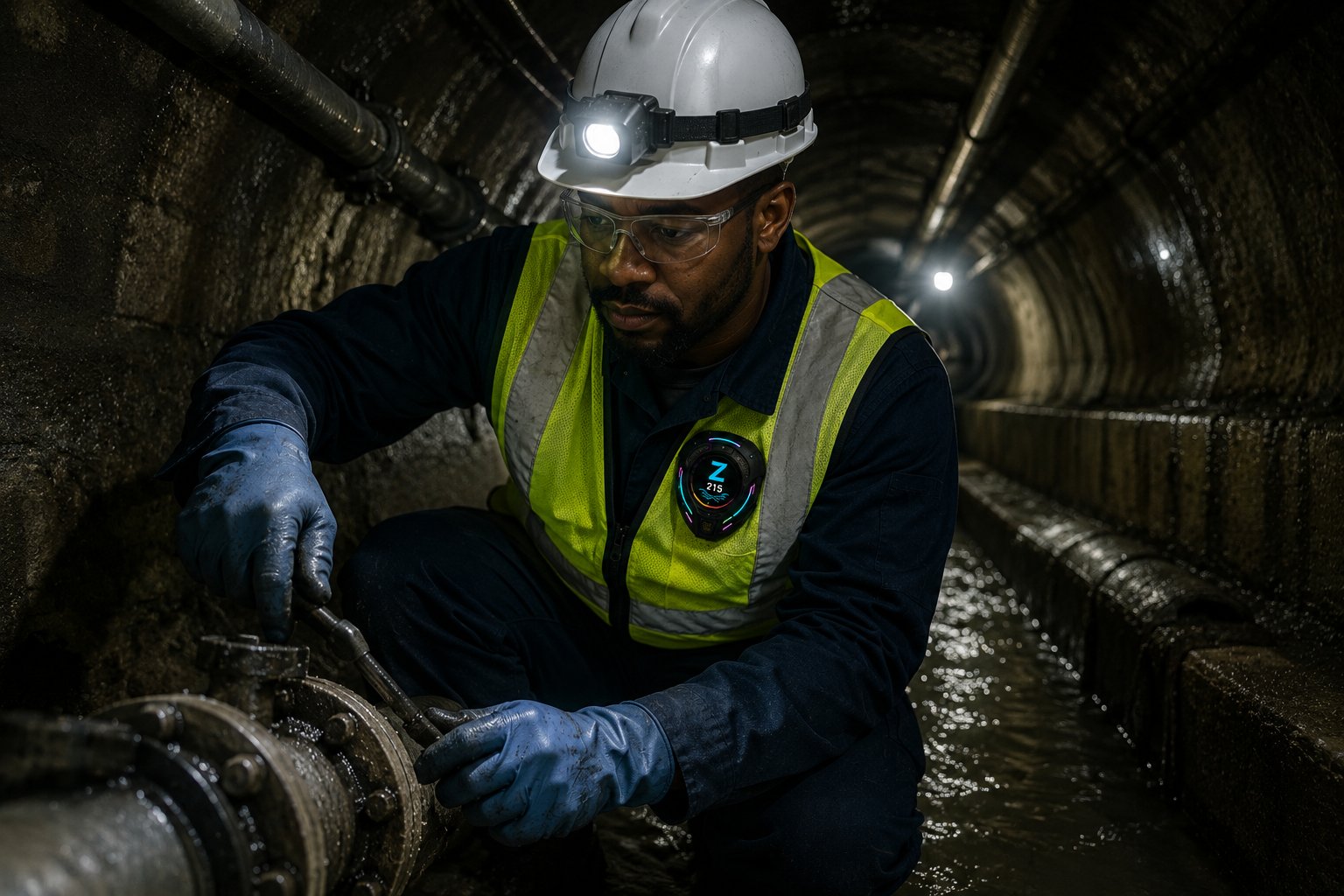 ZARIYA on a lone water/wastewater operator performing maintenance in an underground tunnel (Design Concept — Pre-Production)