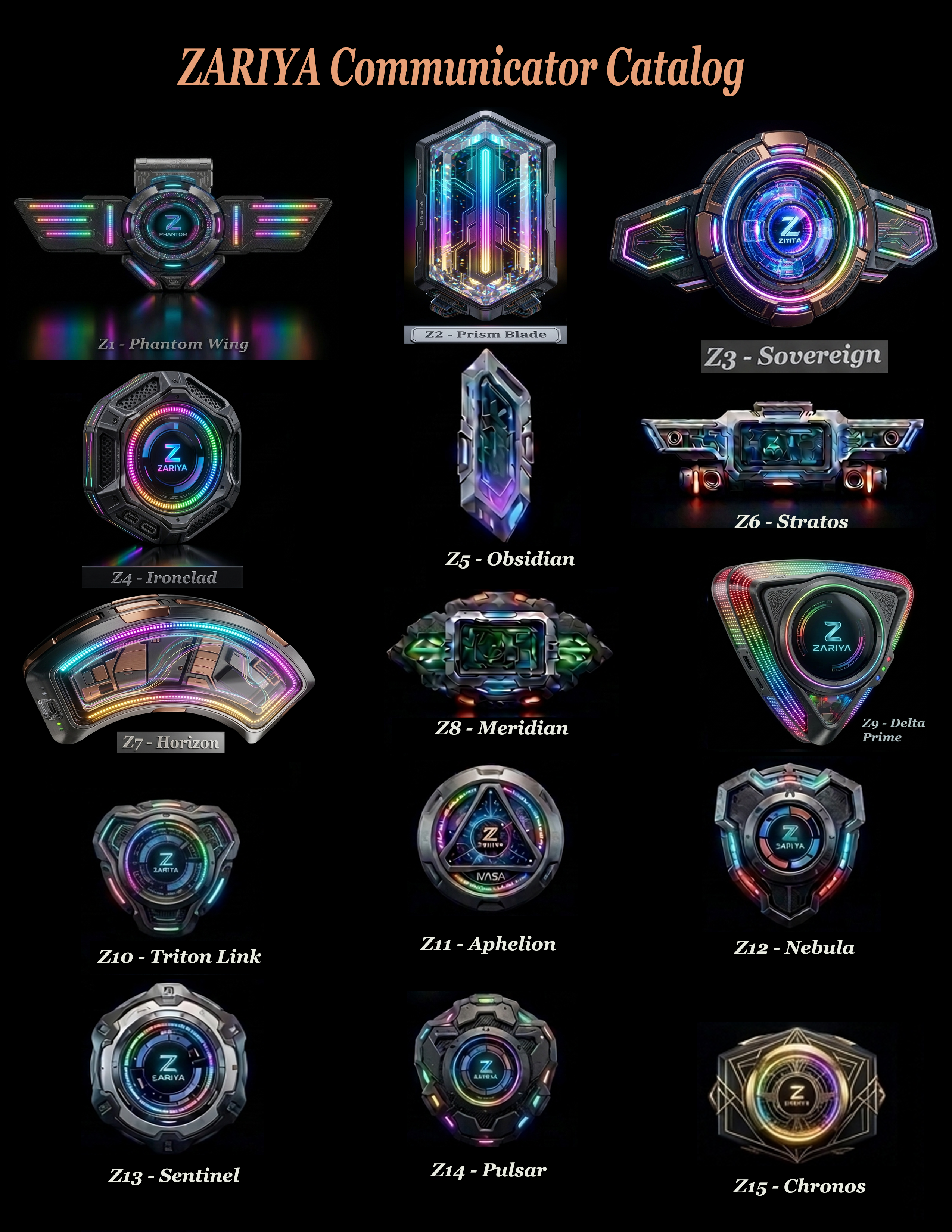 ZARIYA Communicator Badge Catalog — 15 Designs