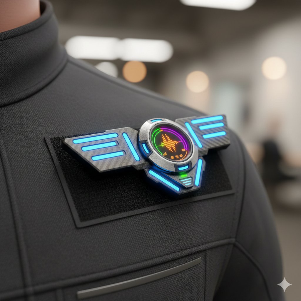 ZARIYA Z1 Phantom Wing badge closeup showing active display with audio waveform and cyan LED wings