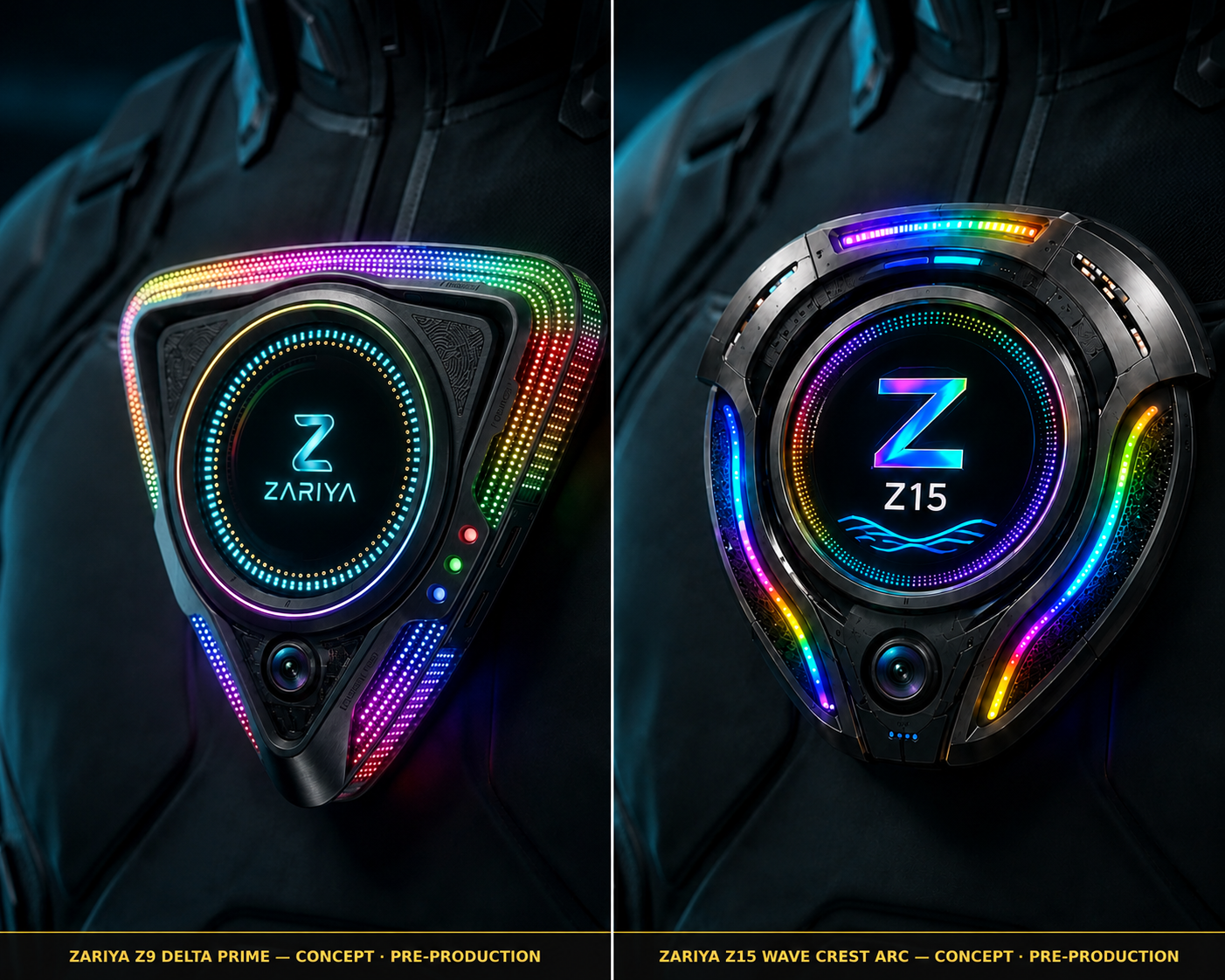 ZARIYA Z9 Delta Prime and Z15 Wave Crest Arc — AI Wearable Communicator Badges (Concept — Pre-Production)