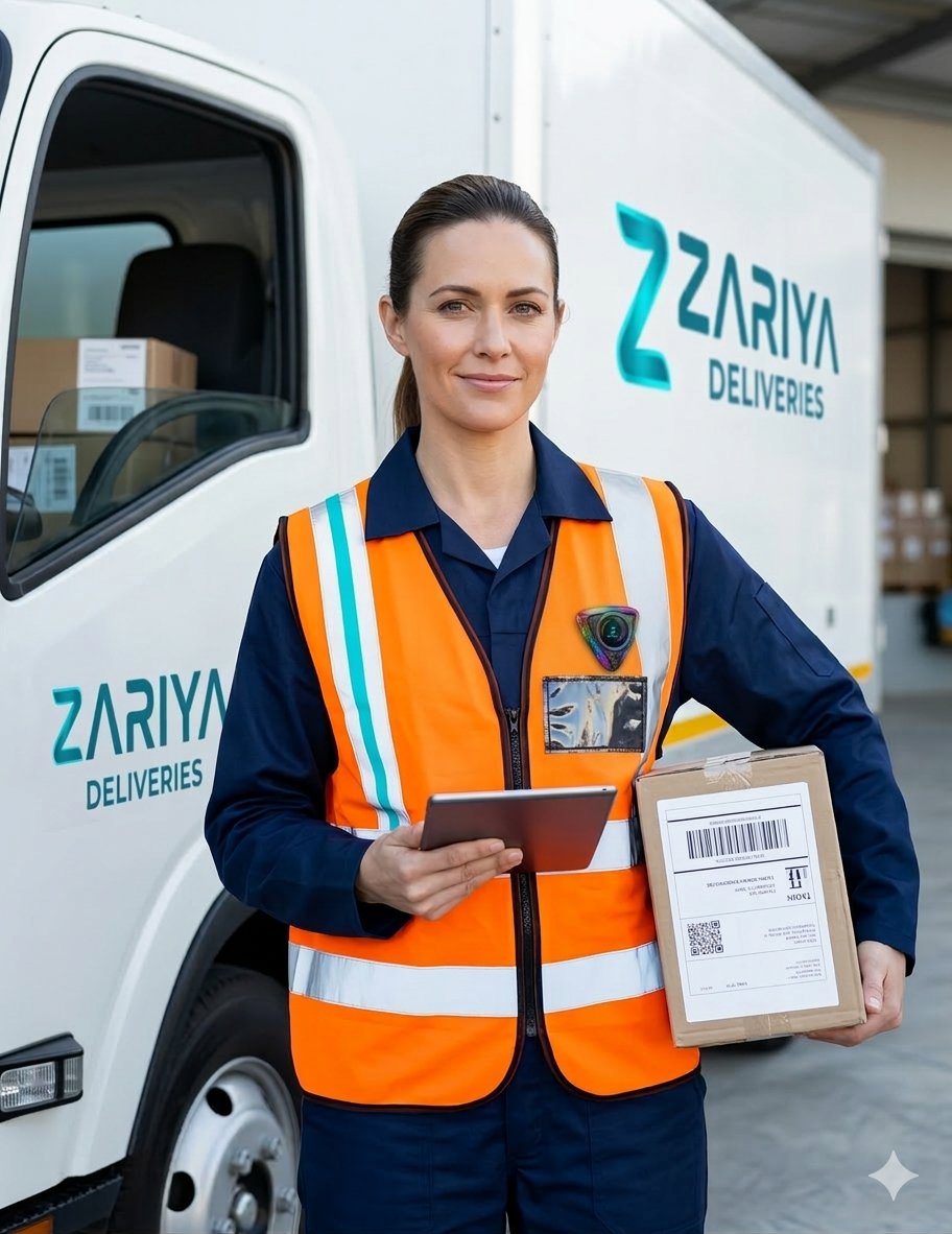 Delivery driver wearing ZARIYA comm badge on hi-vis vest next to fleet truck